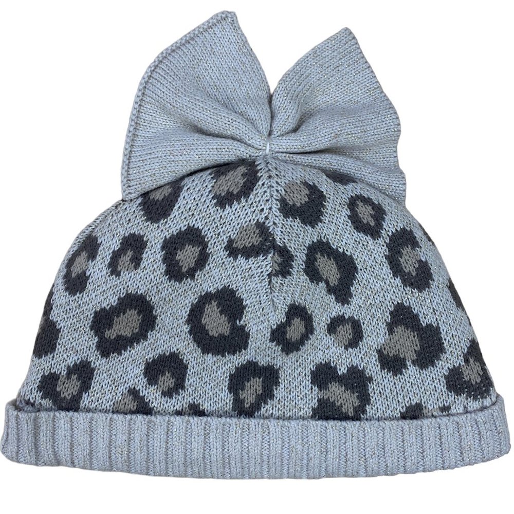 Rachel Zoe Baby Girl Tan Leopard Print Metallic Bow Beanie Hat Sherpa Lined 12M